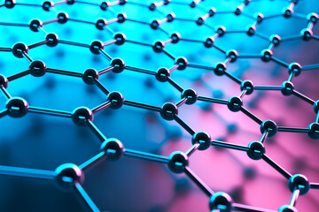 Detailed 3D Render of Graphene Structure Against a Vibrant Blue-Pink Backdrop