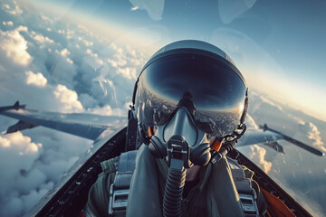 Portrait of a fighter pilot in an aircraft cockpit in the sky during aviator military mission.  - obrazy, fototapety, plakaty