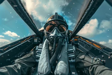 Foto op Plexiglas Portrait of a fighter pilot in an aircraft cockpit in the sky during aviator military mission.  © Aisyaqilumar