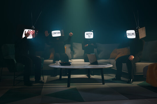 Surreal Representation: Individuals with TV Heads Portraying Subliminal Commands