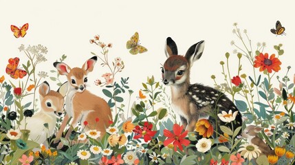 Wildlife collage. Cute little animals frolicking among wildflowers in a charming and playful illustration.