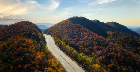 Empty free of vehicles I-40 freeway road leading to Asheville in North Carolina thru Appalachian...