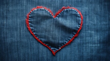 Red Stitched Heart on Dark Denim Cloth