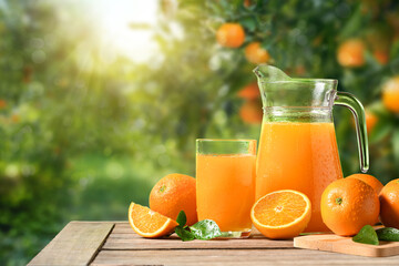 Orange juice with fresh orange fruits in orange farming background.
