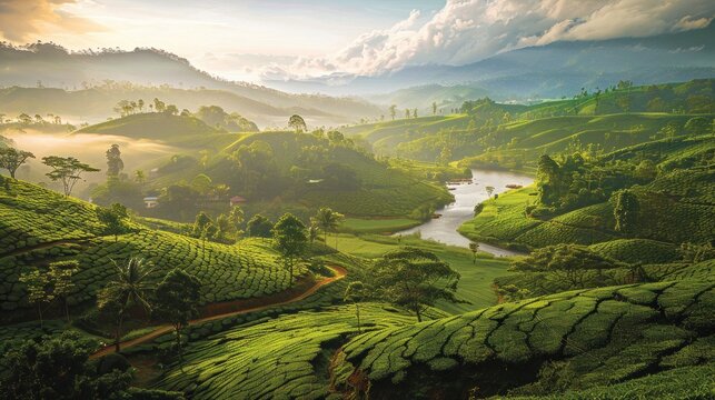 Misty morning landscape of lush green tea plantation rolling hills with winding river in valley. Sustainable agriculture and serene nature scene.