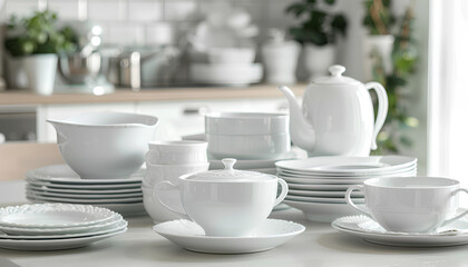 Fototapeta na wymiar tea set of dishes on the kitchen table against the background of a white kitchen