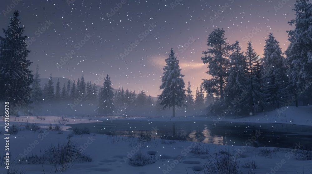 Poster snowy landscape with trees and river