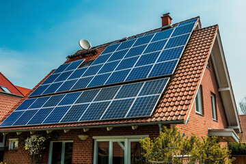 Fototapeta premium Photovoltaic panels on the roof of sustainable house. Living building with solar battery. Concept of renewable energy use in a residential setting