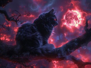 Dark academia gothic spooky cat in a magical glowing forest, full moon night