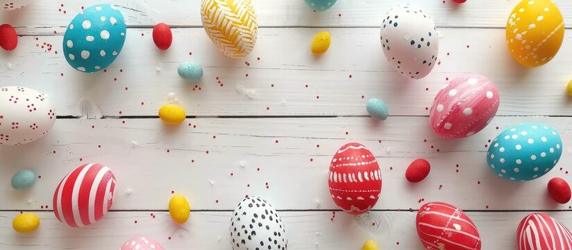 Colorful Easter eggs on a white wooden backdrop, representing the Easter holiday in a flat lay, top-down view.