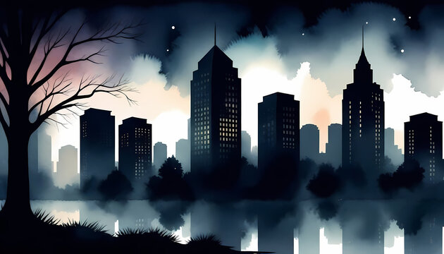 Calm city skyline with trees for stress relief. Peaceful scene of an urban setting suitable for modification.