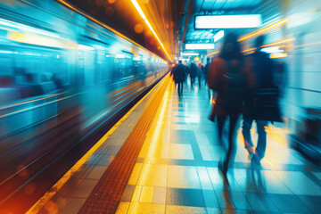 Commuters walking along platform at railway station. Blurred people on subway platform. Public transport concept in city - obrazy, fototapety, plakaty