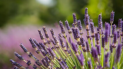 Fine lavender flowers blooming against blurred nature background, panoramic banner