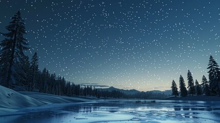 Starry Night Sky Above Frozen Lake