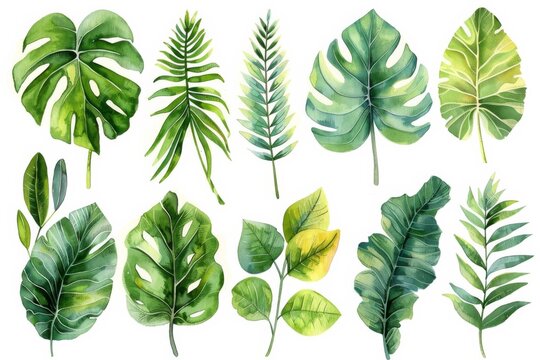 Watercolor green tropical leaves clip art, white background, different types of palm plants, monstera leafs and ferns, vector illustration for stickers or junk journaling, white isolated background.