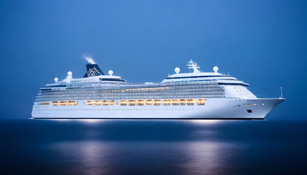 Luxury white cruise ship sailing under blue skies traveling in serene waters. Flat illustration, customizable