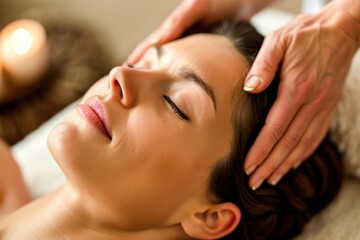  Relaxed woman receiving a facial massage at a spa with her eyes closed and a peaceful expression on her face