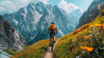 Gordijnen Adventurous Mountain Biking Expedition in the Breathtaking Swiss Alps © RECARTFRAME CH