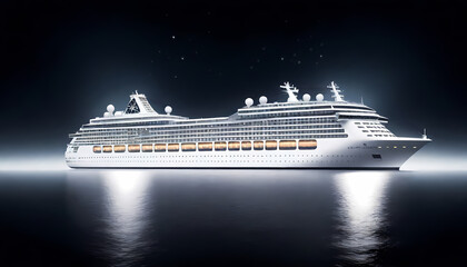 Luxury white cruise ship sailing in the evening sky traveling in serene waters. Flat illustration, customizable
