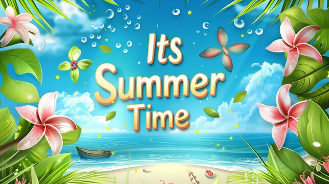 its summer time lettering with tropical leaf and flower  background, Summer vacation concept