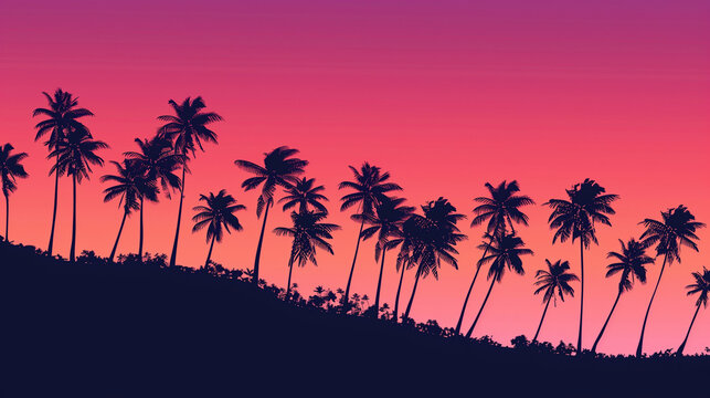 Tropical vibes  palm tress on mountain with purple sky , Summer party concept background during sunset in style of 80's 