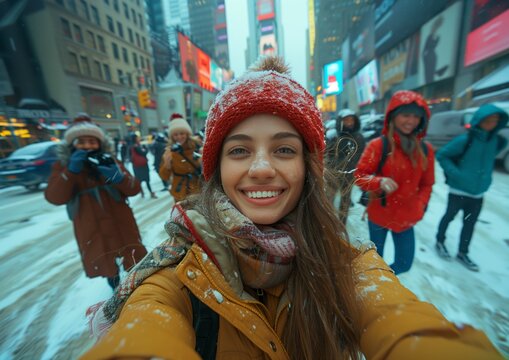 Beautiful girl smiling in NYC panoramic selfie photography