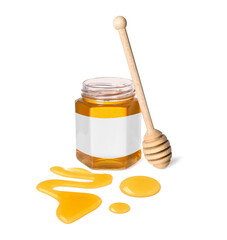 Jar of honey with blank label and wooden honey dipper on white background. Mockup for design