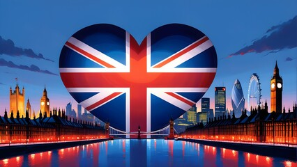 A heart-shaped British flag  Union Jack , London skyline at dusk backdrop, city lights. - obrazy, fototapety, plakaty