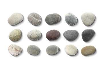 Sea pebbles. Different stones isolated on white, top view