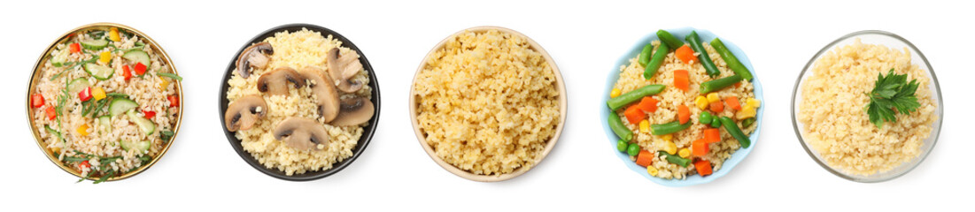 Delicious bulgur in bowls isolated on white, top view