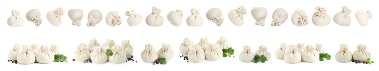 Uncooked khinkalis (dumplings) isolated on white, set