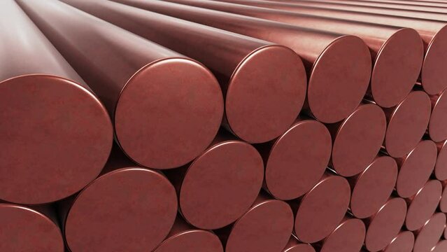 Tracking DOF camera looping 3D animation of the copper rods stacked at warehouse or factory rendered in UHD
