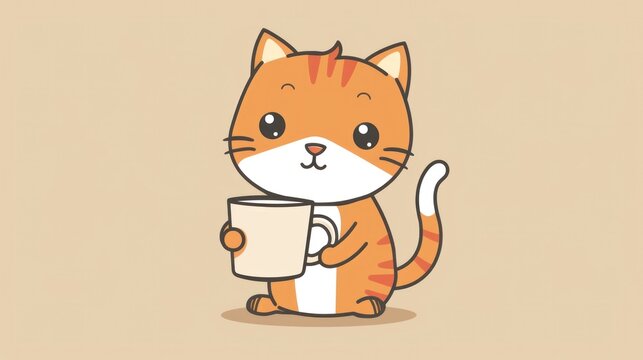 Kawaii style illustration of a cute cat with a cup