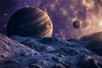 Beautiful futuristic photo of planets in space in purple color.