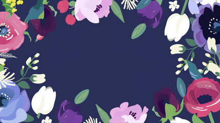 Fototapeta na wymiar An enchanting floral frame with pastel flowers like peonies, roses and lilies in various shades of purple, pink and blue on the left side of a blank circle against a deep navy background. The design s