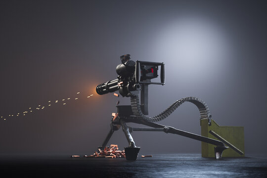 Futuristic Robot Manned Gatling Gun in Action: A Sci-Fi Military Concept