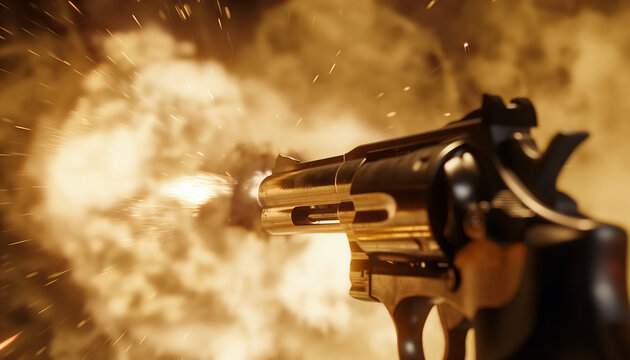 Creative photo with soft selective focus of a shot from a revolver on blurred background of flash and flame.