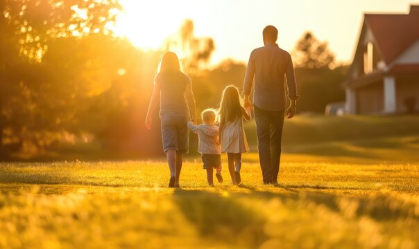 Blurred family coming along the grassy meadow to their new house back to camera at golden hour for real estate sale and relocation concept or family day