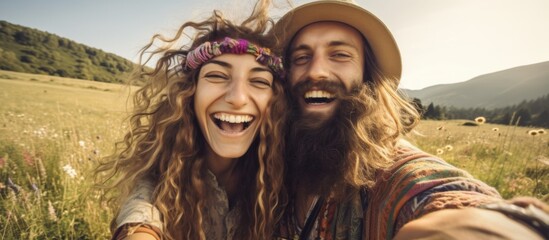 A man and a woman with facial hair and sun hat are smiling happily while taking a selfie in a beautiful landscape, showing gestures of joy. They seem to be enjoying their travel adventure - obrazy, fototapety, plakaty