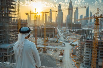 Arabian Sheikh or official watching on huge construction site with towering cranes and bustling workers, implementation of ambitious architectural project. Investment in ambitious business project
