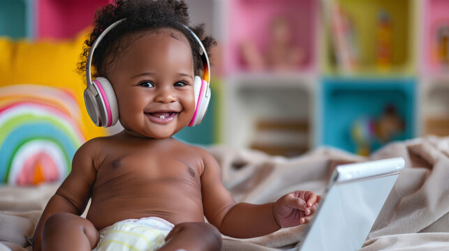 Friendly and modern diaper baby with headphones and tablet in hand on soft color background.