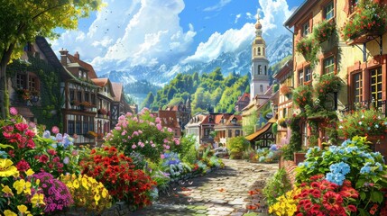 Charming European town with colorful flowers in the foreground, highlighting winding streets and vibrant floral displays. - obrazy, fototapety, plakaty