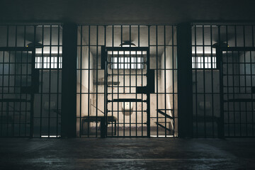 Eerie Abandoned Jail Cell Bathed in Natural Light Through Bars - obrazy, fototapety, plakaty