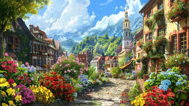 Charming European town with colorful flowers in the foreground, highlighting winding streets and vibrant floral displays.