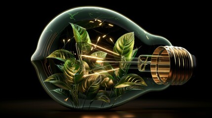 Eco-friendly lightbulb with nice green plants inside on simple black background. Environmental susta