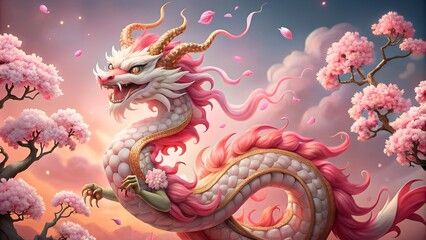 Pink Chinese Zodiac Dragon Cherry Blossom Chinese New Year Illustration