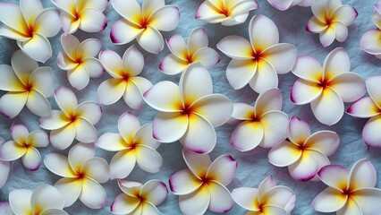Frame Abstract background featuring soft blue and purple plumeria frangipani flowers