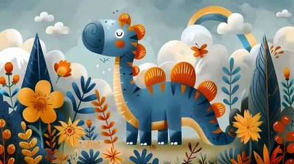 Gordijnen Colorful 3D cartoon dinosaur on colorful landscape background for crafts, cards, scrapbooking or art projects  © Feathering Flower