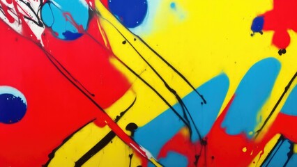 Colorful street art graffiti background. Red, blue, yellow colors. Abstract wall surface with colorful drips, flows, streaks of paint and paint sprays
