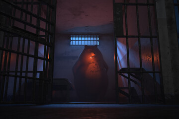 Enigmatic Entity Lurking within the Shadows of a Desolate Prison Cell - obrazy, fototapety, plakaty
